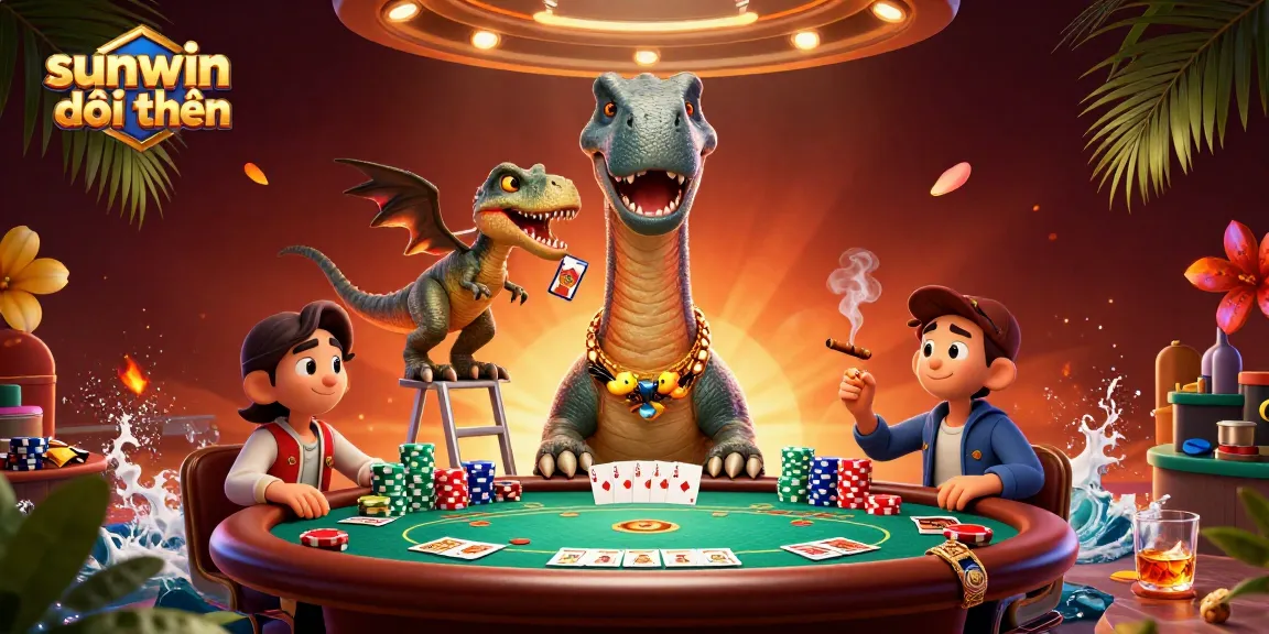 Experience sunwin đổi thưởng at a vibrant casino scene with dinosaurs and dynamic poker action.