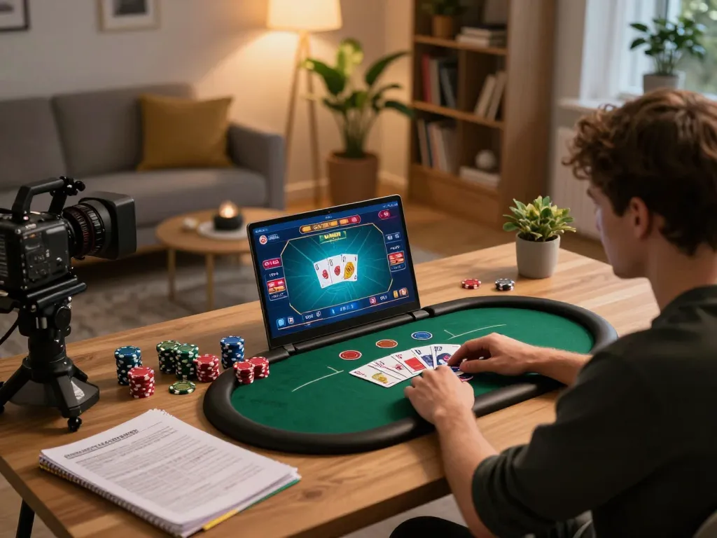 Engaging in strategic online poker gameplay tại ok365 in a cozy home office setup with notes and ambient lighting