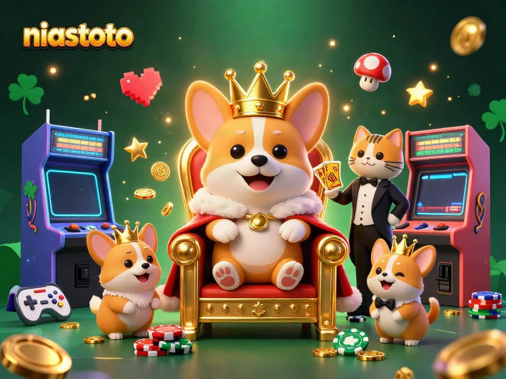 Gambarkan niastoto dengan corgi kerajaan duduk di takhta chip poker dikelilingi mesin permainan 3D.