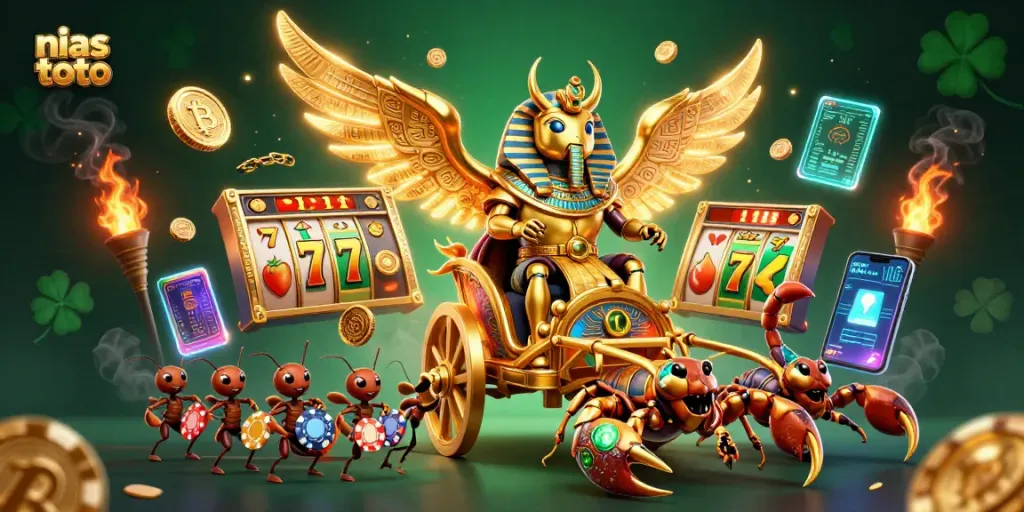 Bermain di nias toto dengan simbol jackpot, koin crypto, dan elemen slot dalam ilustrasi 3D