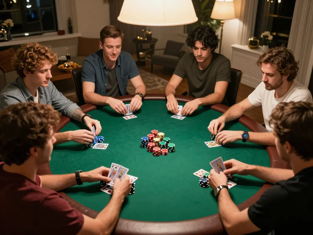 Engaged players enjoying a lively match of top 10 game bài at a home game night with chips and cards.