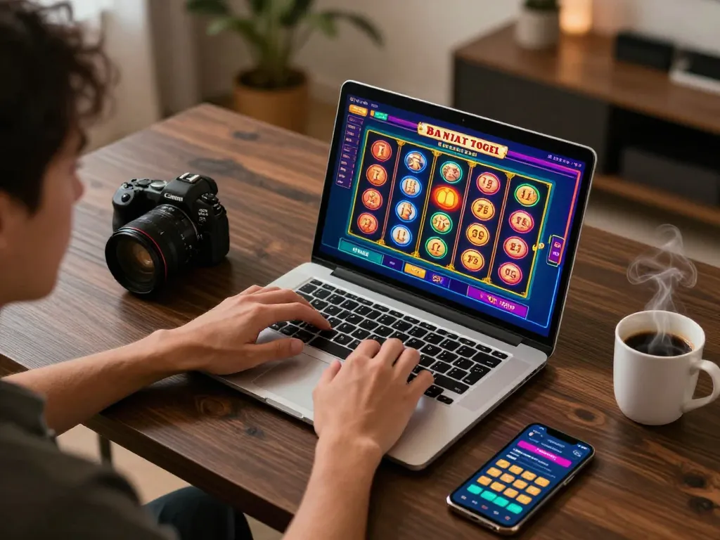 Bermain permainan Bandar Togel Slot di laptop, menampilkan keseruan perjudian online yang interaktif.