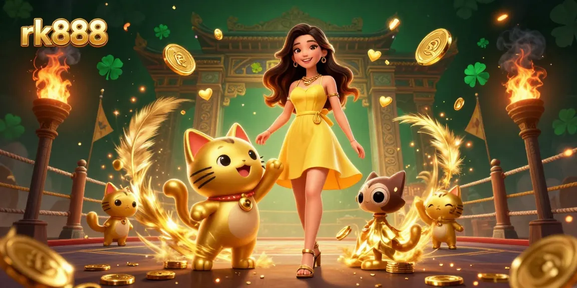 Experience the excitement of rk888 with a vibrant illustration of a joyful Asian woman and a golden lucky cat amidst casino elements.