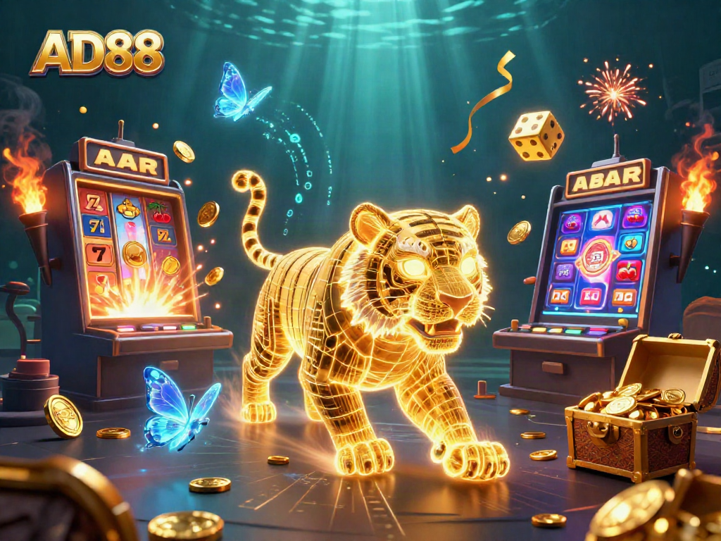 Engage with AD88 in a vibrant digital casino landscape, featuring a golden tiger and jackpot elements.