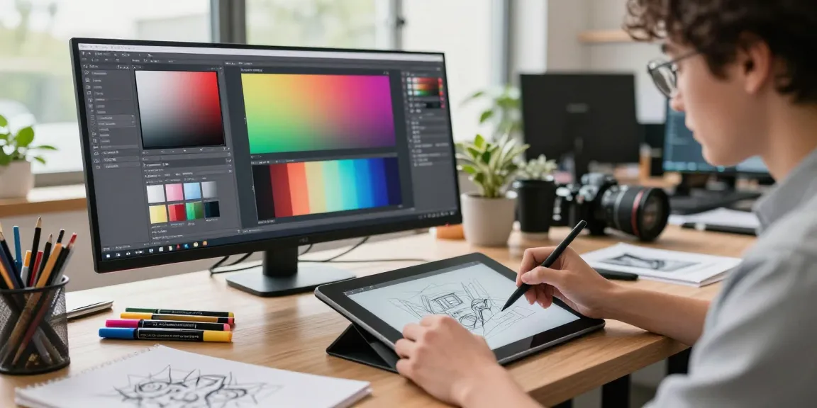 Desainer sedang bekerja dengan SGA33 di studio kreatif, menggambar di tablet digital dengan suasana inspiratif.