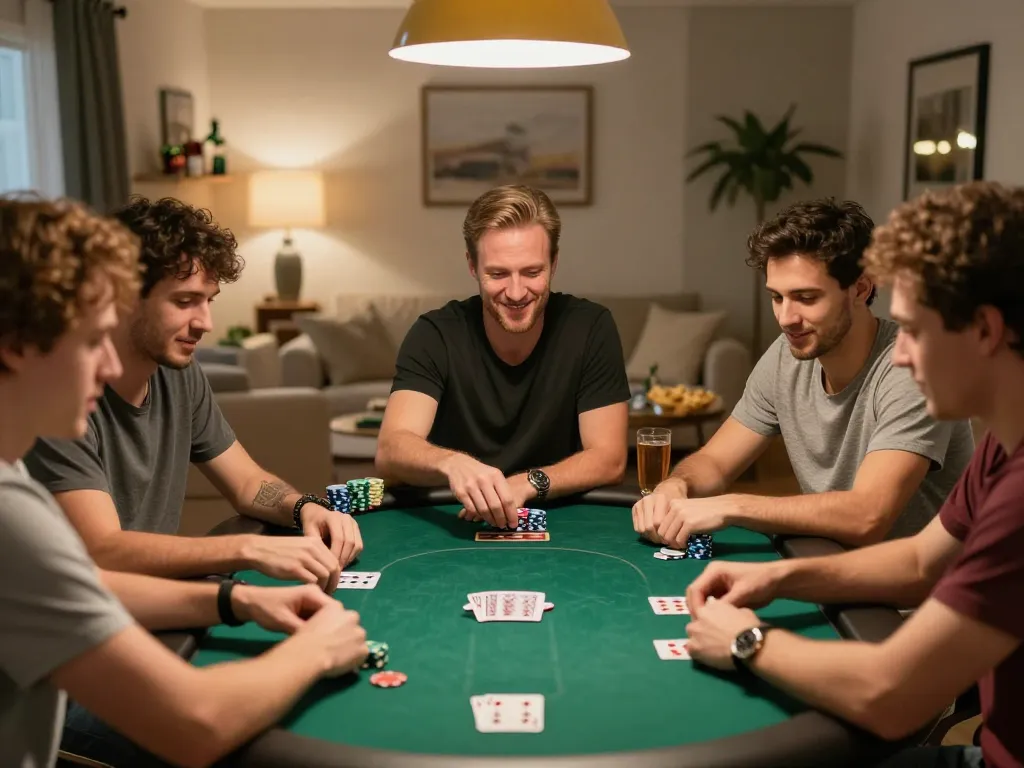 IDNSCORE poker night with friends enjoying a strategic game at home, chips and cards abundant, warm atmosphere