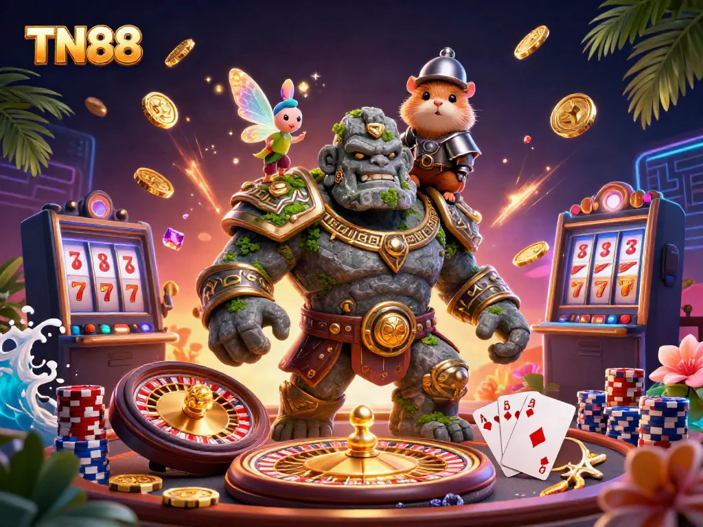 Engage in thrilling gaming adventures with TN88's magical golem guardian and exciting casino elements.