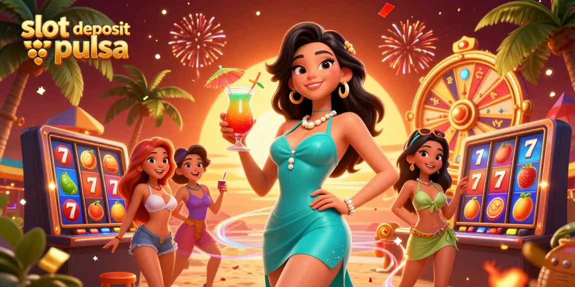 Experience thrilling slot deposit pulsa at a tropical casino, featuring vibrant slots and festive elements.