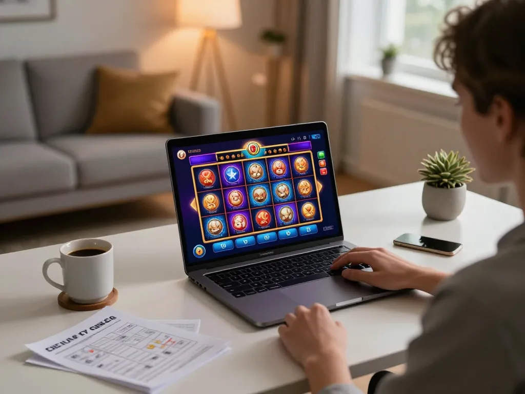 Pemain yang terlibat menggunakan situs slot resmi di laptop di rumah dengan catatan strategi.