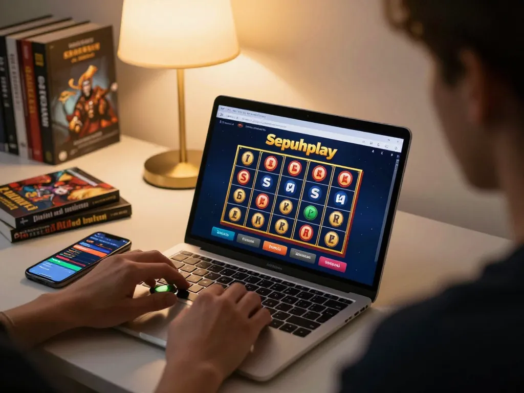 Engaging in slots gameplay on Sepuhplay online casino interface from a sleek home setup.