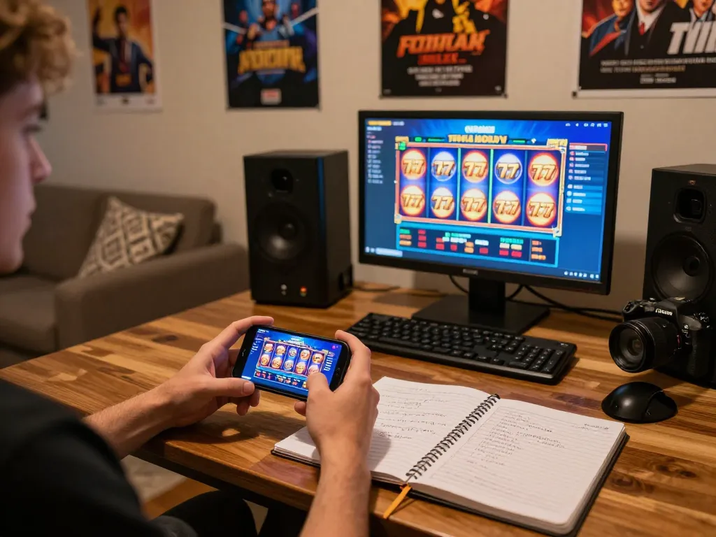 Pemain menikmati permainan slot777 mobile di pengaturan rumah yang nyaman sambil merencanakan taruhan mereka