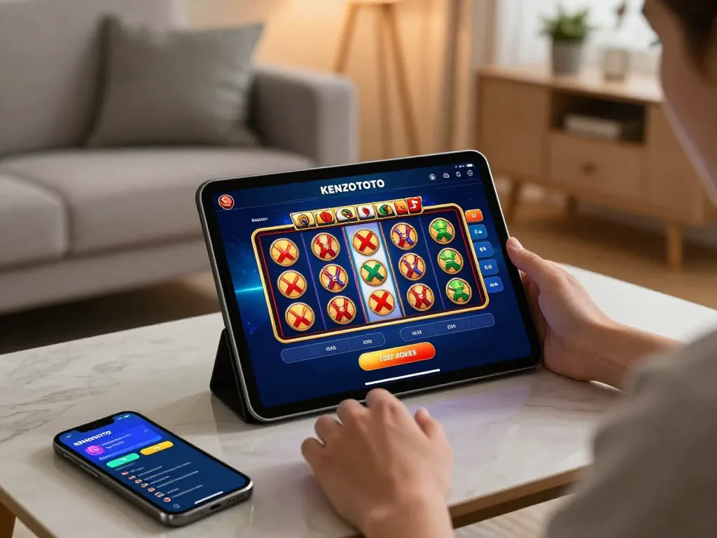 Bergabung di KENZOTOTO menggunakan tablet untuk strategi perjudian online dalam suasana modern yang nyaman.