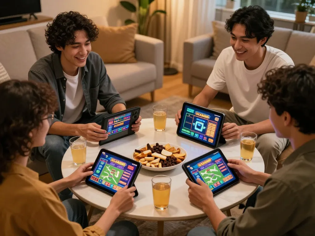 IDCASH88 players enjoying slots on digital devices with friendly competition and snacks in warm ambiance.