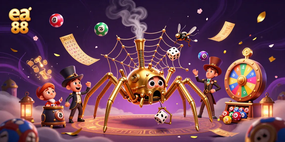 Experience the thrill of ea 88 as a steampunk spider ensnares unlucky dice in a vibrant casino scene.