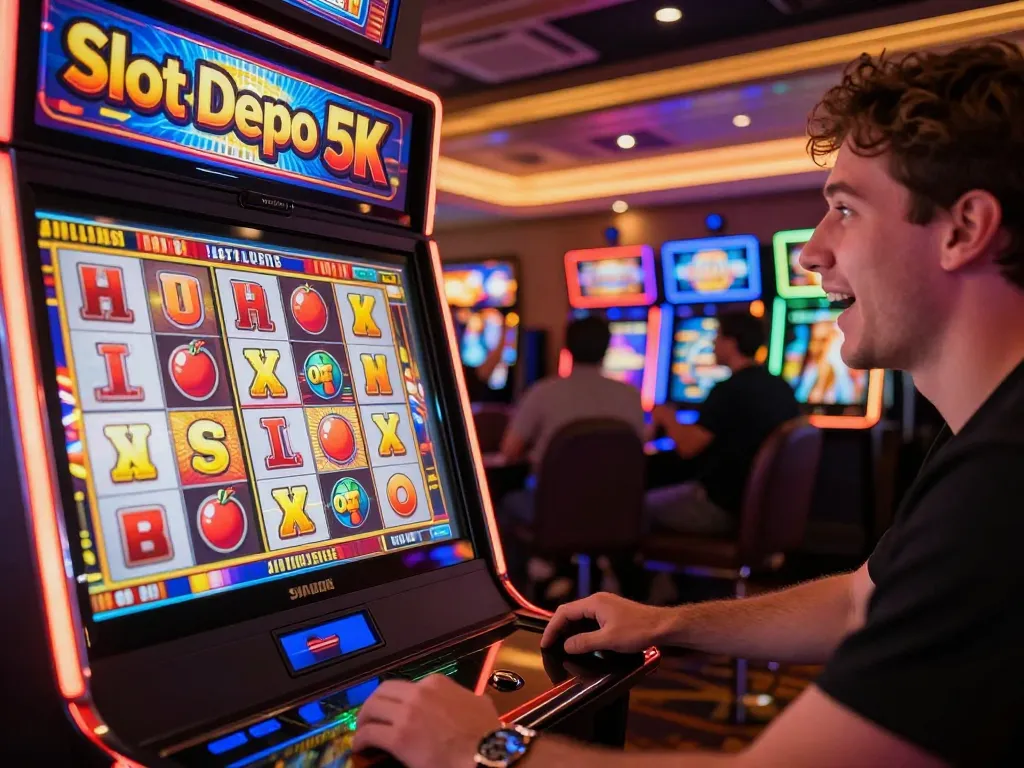 Player at a slot depo 5k machine celebrating a big win with vibrant graphics in the background.