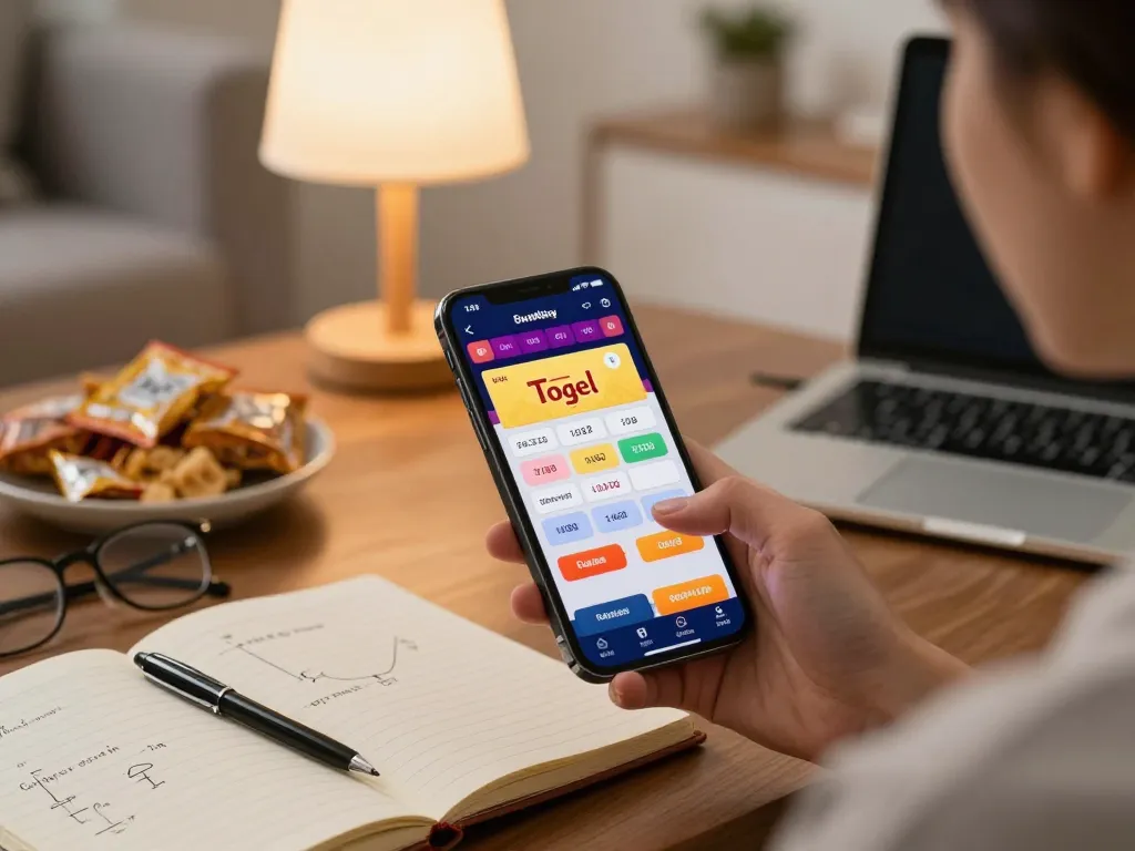 Engaged user exploring togel betting on smartphone in a cozy home setup with warm lighting.