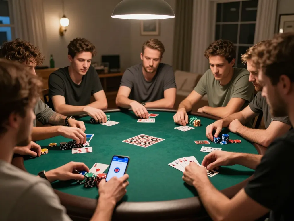 MPOID app displayed during an engaging home poker game with friends, showcasing casual gameplay and responsible entertainment.