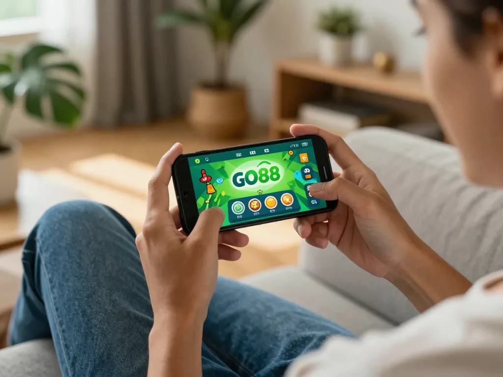 TẢI GO88 mobile app on smartphone while gaming at home, showcasing vibrant entertainment.