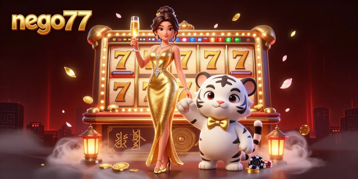 Experience thrilling gameplay at nego77 with a glamorous woman and lucky tiger cub amidst vibrant casino elements.