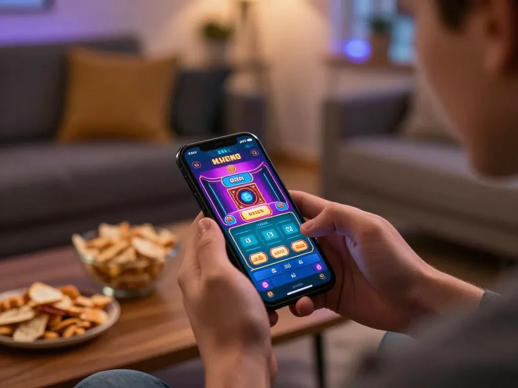 Engaging in mobile gaming at 78win with vibrant app interface and cozy home atmosphere.