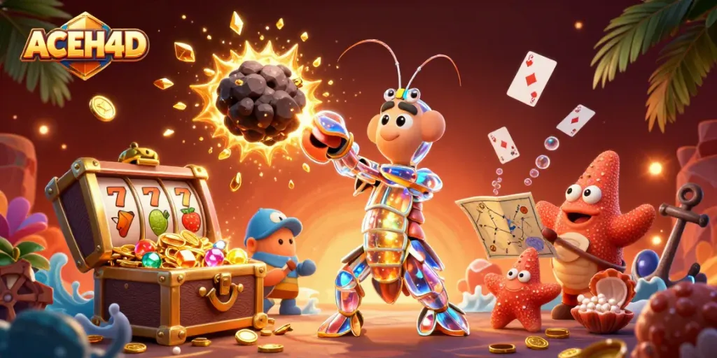 Join ACEH4D's thrilling slots adventure as a galactic shrimp dynamites ore for dazzling wins!
