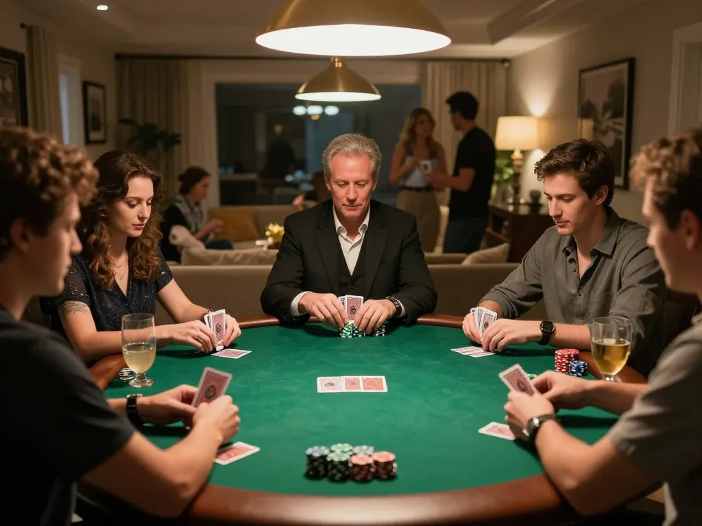 Engaging poker session at home with VENOM889 friends, premium setup, warm ambiance.