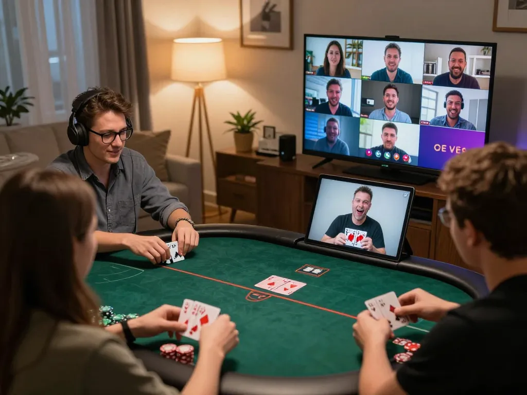 Players engaging in an online poker game on jangkar55 platform, showcasing strategic gameplay in a vibrant home setting.