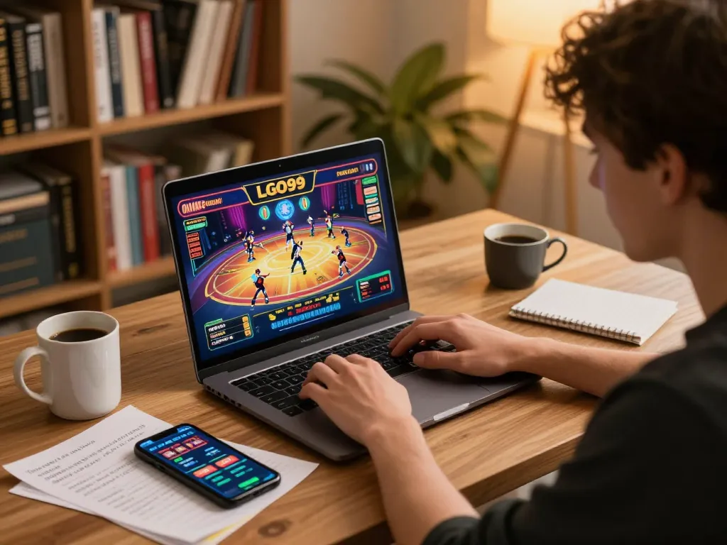 Pemain LGO99 terlibat dengan permainan slot online di laptop, dikelilingi oleh wawasan strategis dalam suasana yang nyaman.