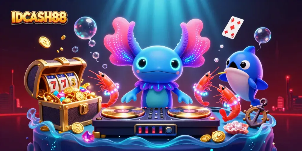 Engage with IDCASH88's vibrant casino world featuring neon characters, slot machines, and underwater treasures.