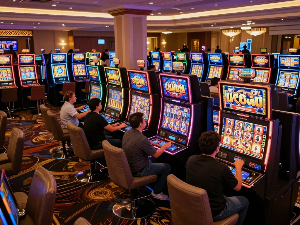 IDNSCORE players enjoying vibrant slot machines in a luxurious casino setting.