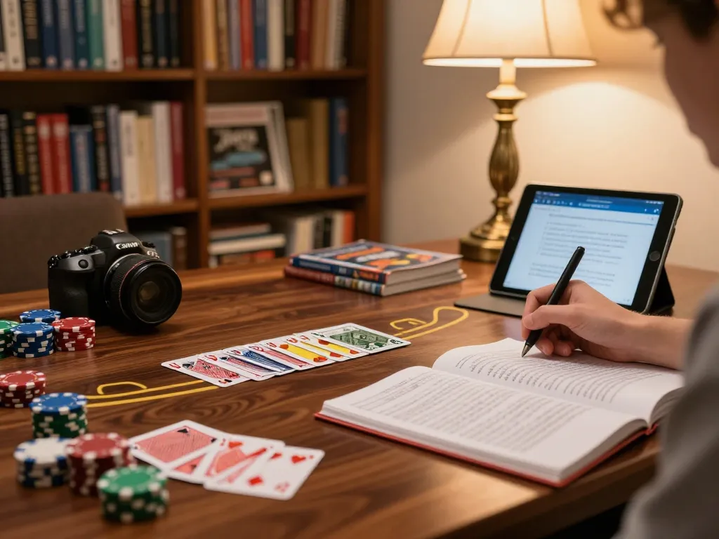 Person researching blackjack strategy using Net88 insights on tablet with warm library lighting.