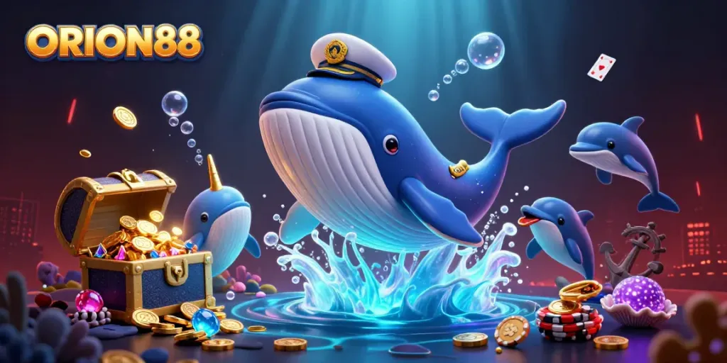 Engage with ORION88's vibrant casino world with whales, dolphins, and treasure in stunning detail.