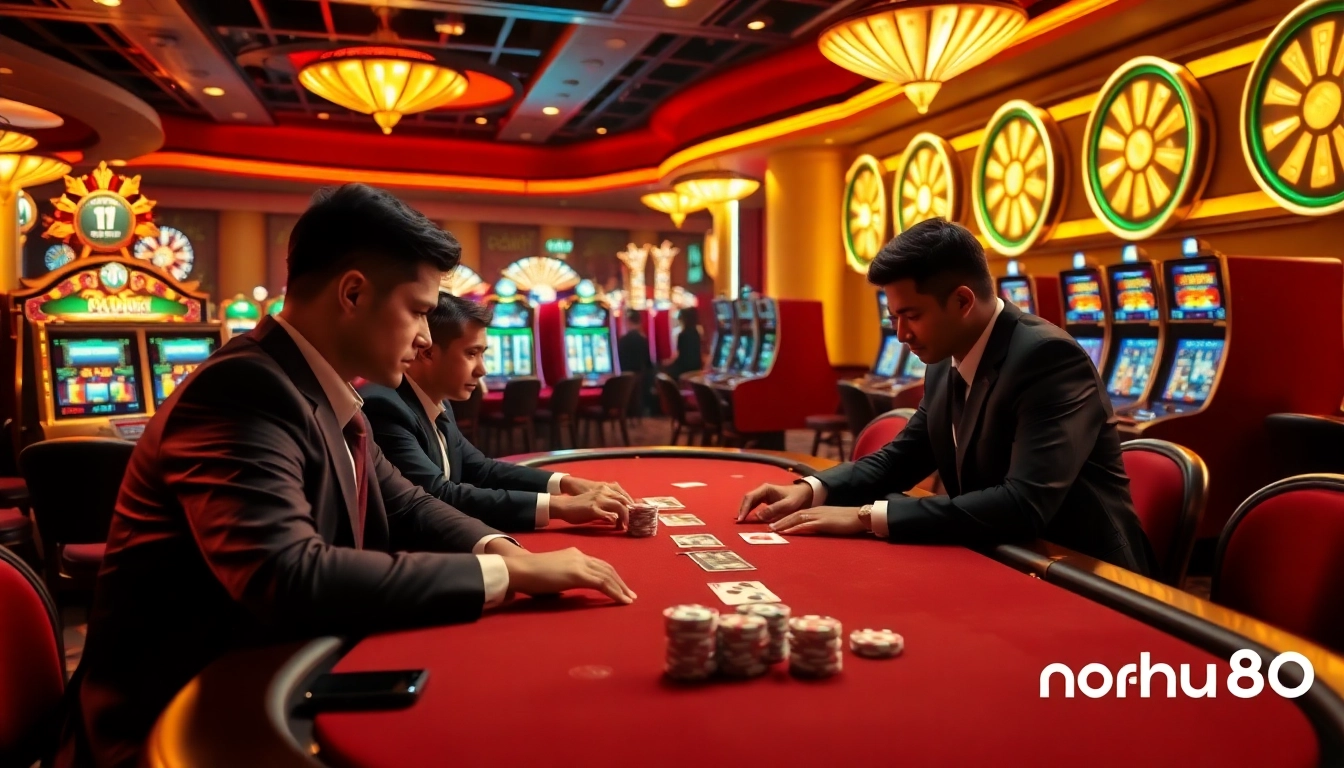 Exciting casino action with professional gamblers at nohu90 tables, vibrant slot machines in view.