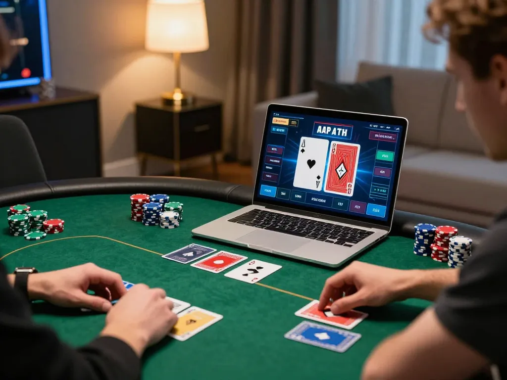 KADAL778 player engaging in a focused online poker game with vibrant chips and cards, showcasing strategic gameplay.