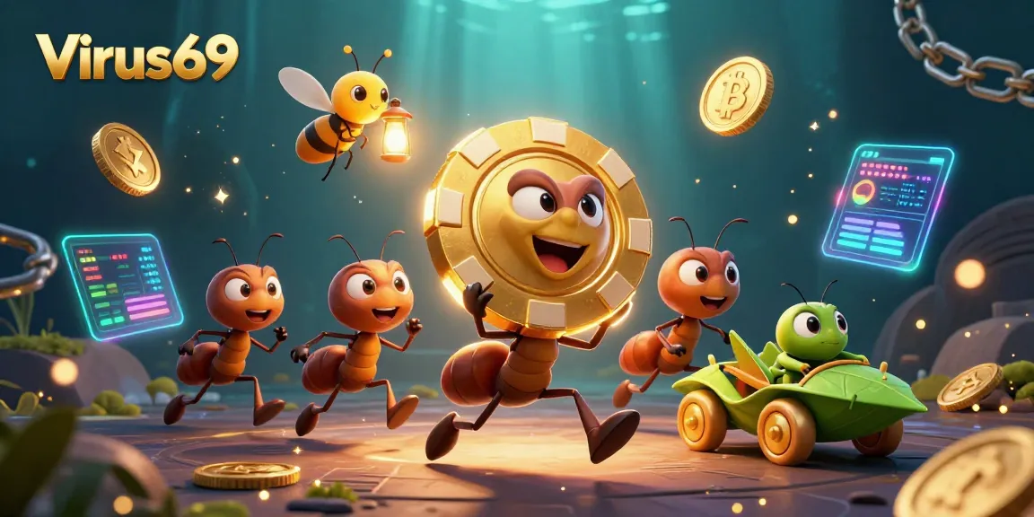 Join the adventure with Virus69 as cartoon ants navigate casino heists while showcasing crypto elements.