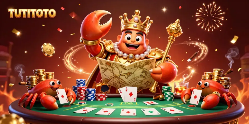 Engage with TUTITOTO through a thrilling 3D casino scene featuring a golden crab emperor amidst vibrant poker elements.