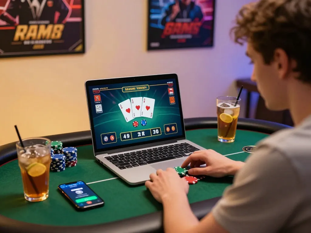 Player analyzing poker hands and betting strategies while using jangkar55 online platform for gaming.