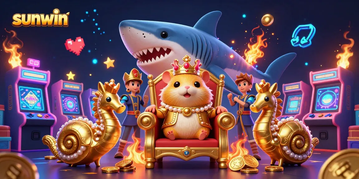 Experience thrilling games at sunwin with a cartoon hamster king and vibrant casino elements in a dynamic 3D scene.