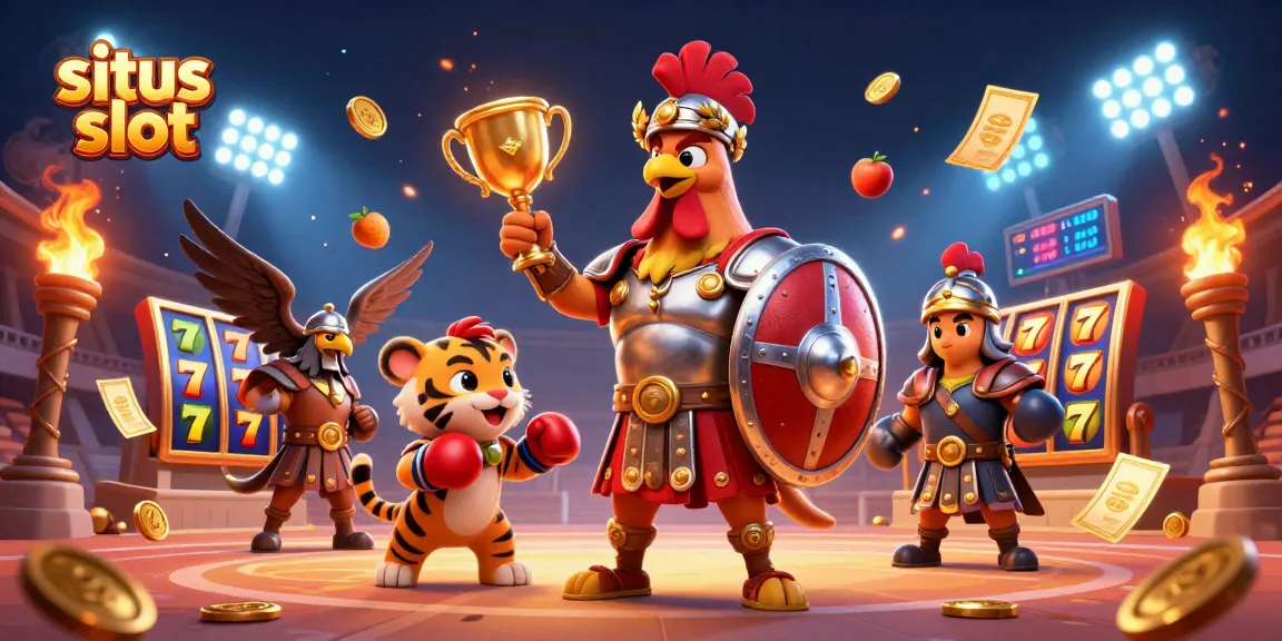 Situs slot adventure featuring a gladiator rooster, jackpot symbols, and lively casino elements.