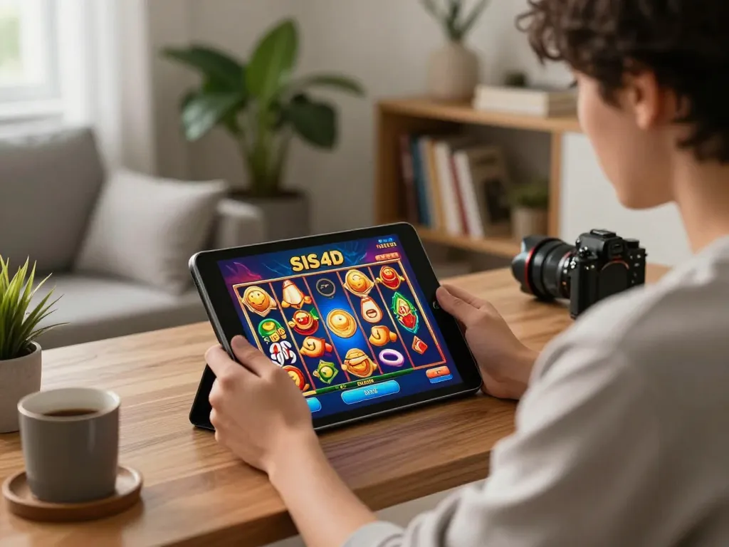 Engaged in a SIS4D online slot game, a gambler enjoys a cozy home gaming experience.