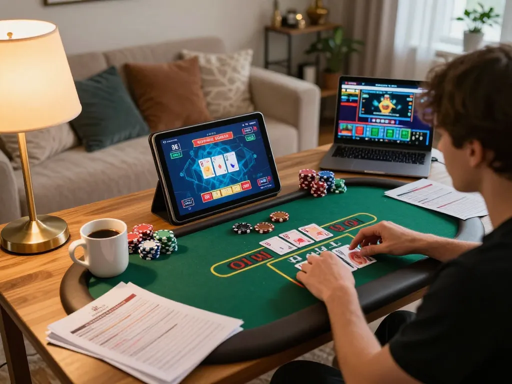 Engaged player focusing on RR99 live dealer game on tablet in cozy home setup