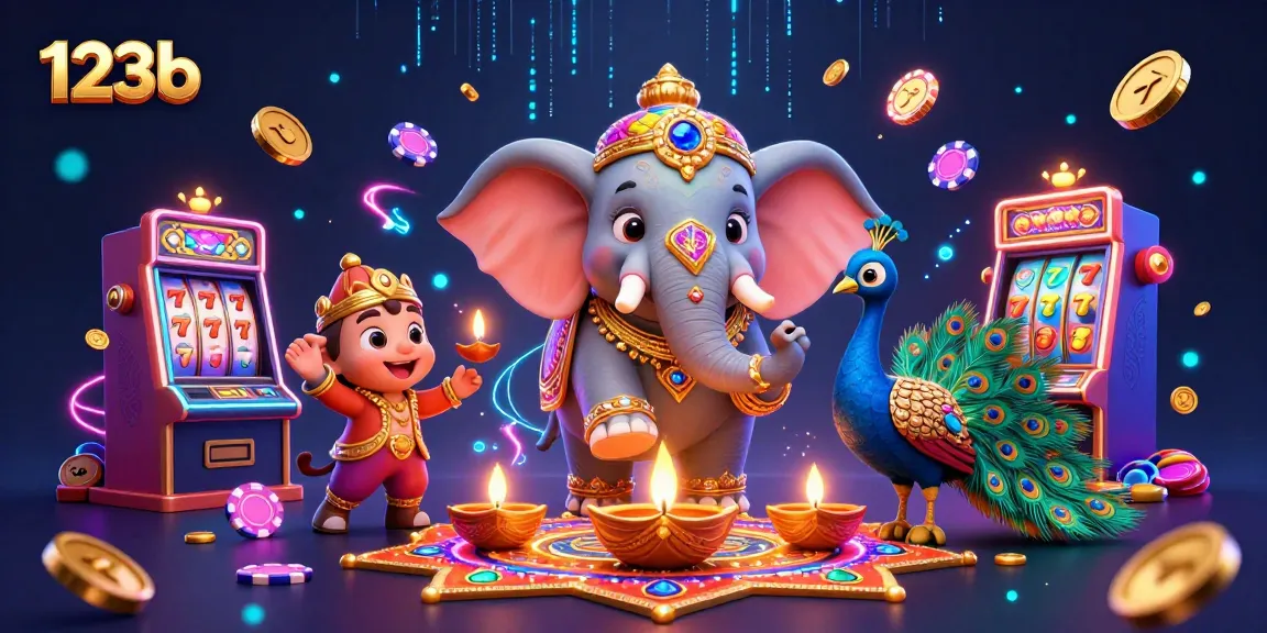 Play exciting slot games at 123b with vibrant visuals and engaging characters in a colorful scene.