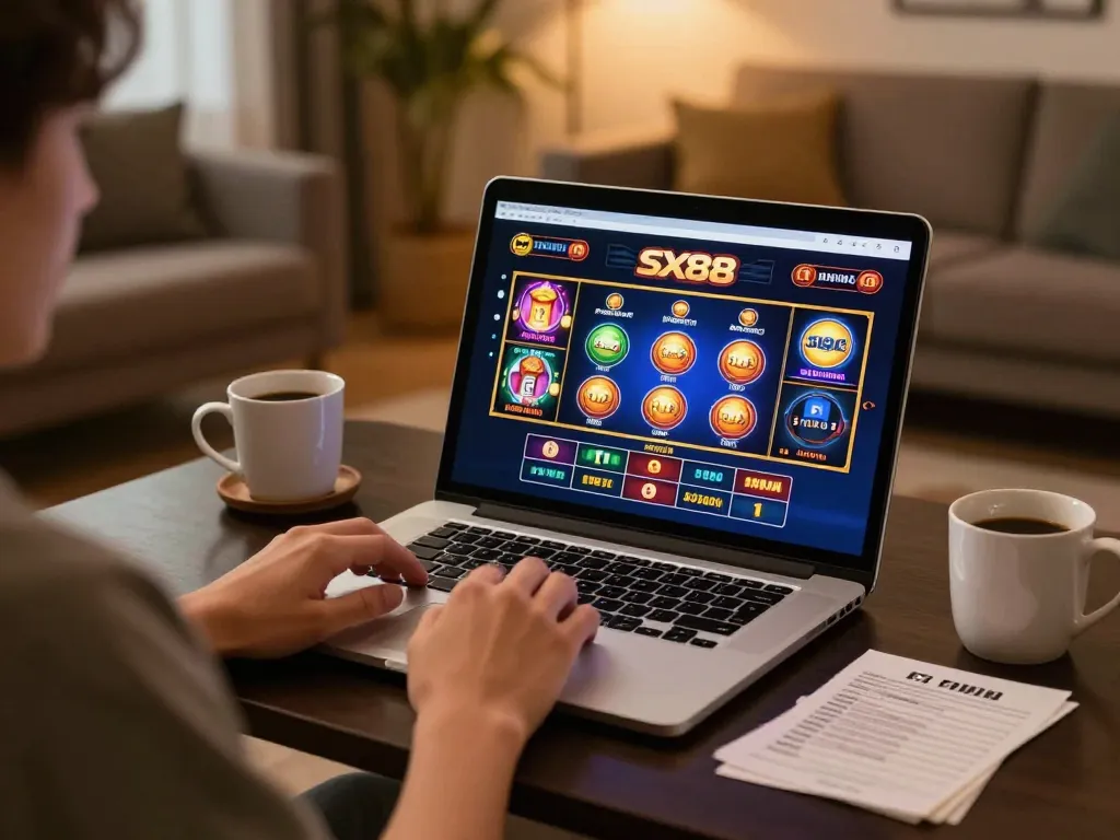 SX88 player engaged in online slots with cozy ambiance and strategic notes