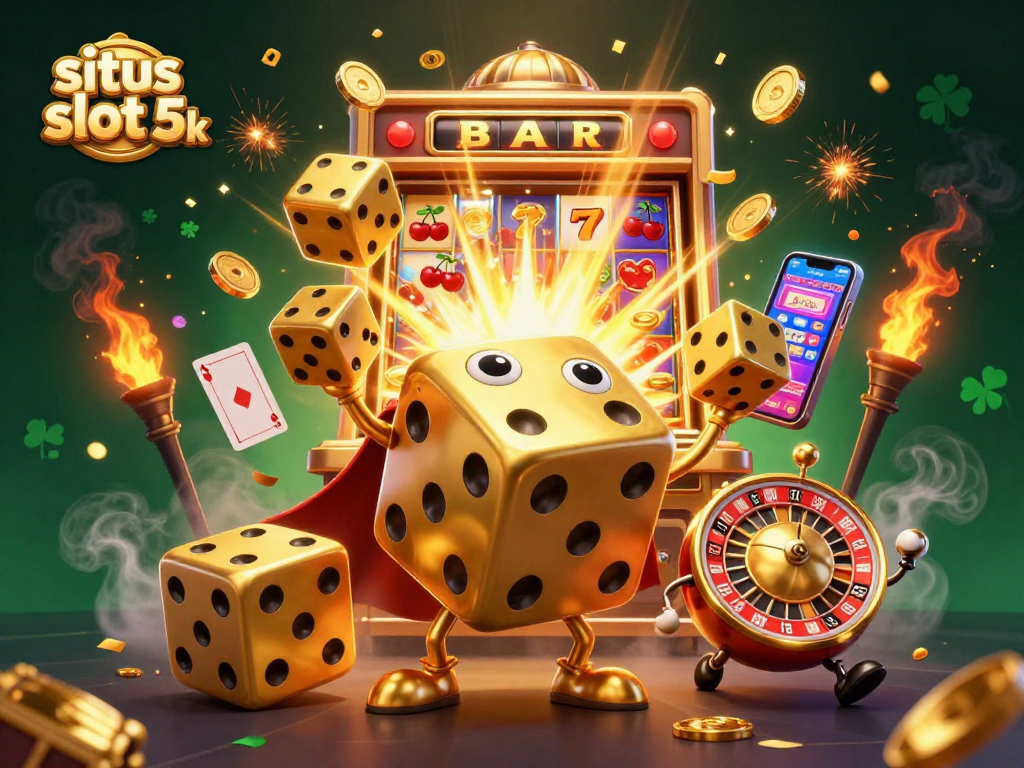 Experience excitement with situs slot 5k as golden dice and jackpots come alive in a vibrant casino scene.