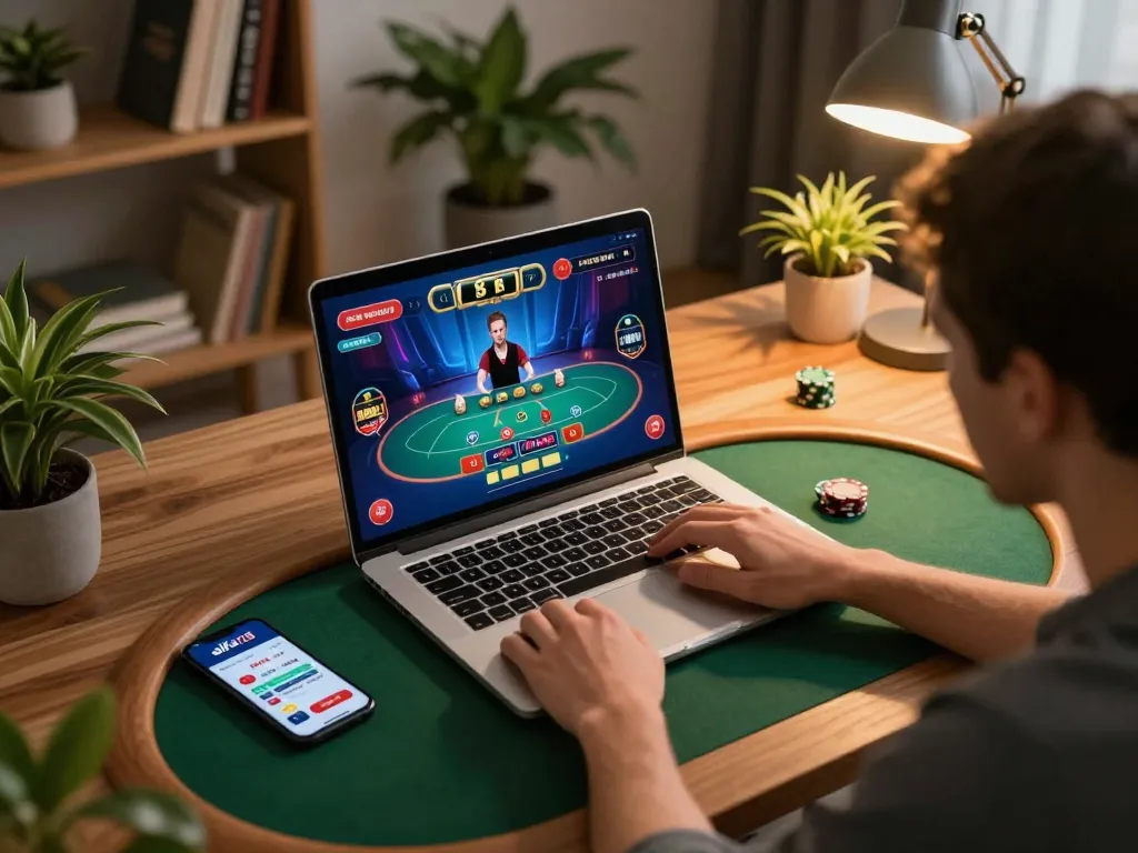 Pemain yang terlibat dalam permainan poker online alfa138 di laptop di kantor rumah yang nyaman, menekankan gameplay strategis.