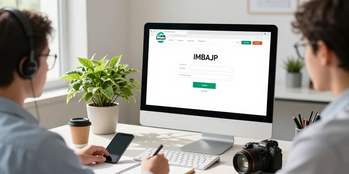 Akses IMBAJP LOGIN pada pusat bantuan pengguna dengan pengguna yang aktif mengambil catatan di meja kerja modern.