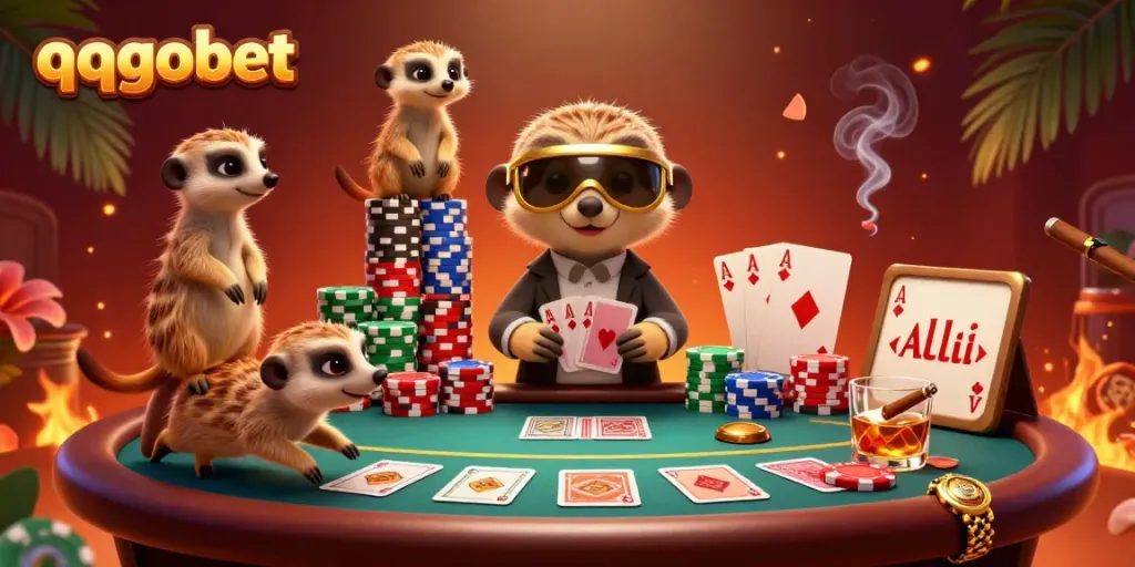 Meerkat kasino mengelola permainan poker yang seru di qqgobet, dengan kartu dan cip meriah.