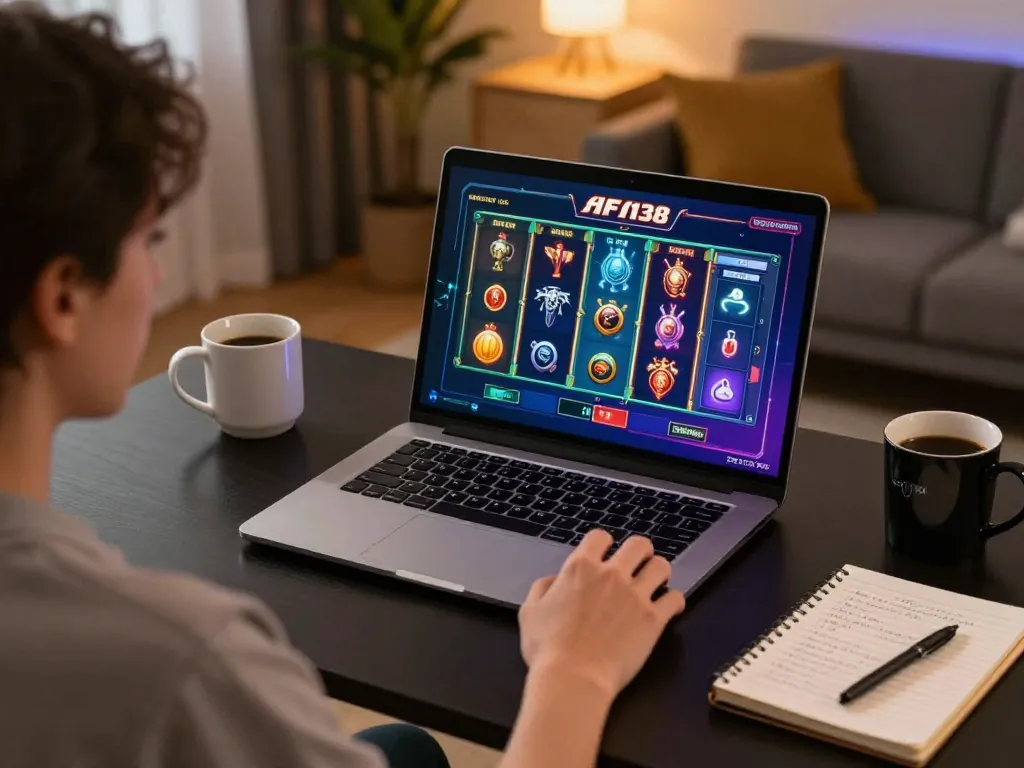 Player enjoying the alfa138 slot game on a laptop in a cozy, stylish home environment.