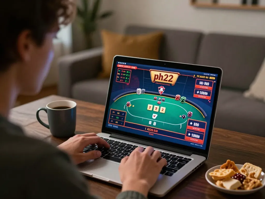 Engaged player enjoying ph22 online gaming with vibrant poker table on screen, in a cozy home setup.