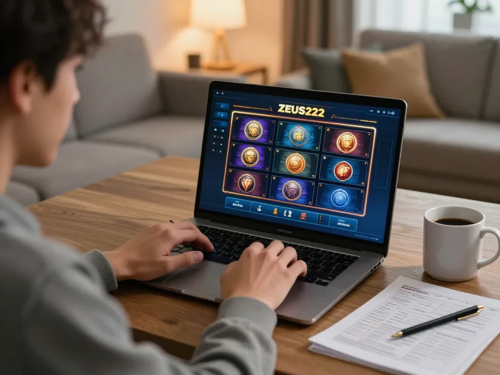 Engaging gameplay on ZEUS222 slot online platform displayed on laptop in cozy home setting